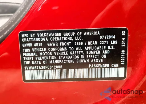 2015 Volkswagen Passat S z USA, uszkodzony, nr VIN 1VWAS7A36FC012898